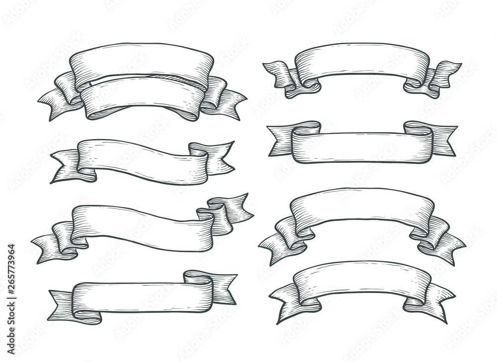Isolated hand drawn ribbon banners set. Vintage style elements for your