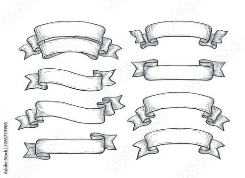 Isolated hand drawn ribbon banners set. Vintage style elements for your design works. Vector illustration.