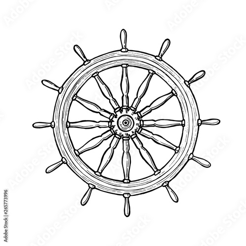 Nautical black helm. Ship steering wheel ink pen sketch on isolated background with engraved elements. Hand drawn illustration.