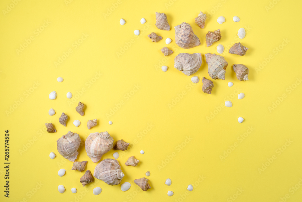 Creative flat lay concept of summer travel vacations. Top view of various kinds seashells on yellow background. Copy space in minimal style, template for text