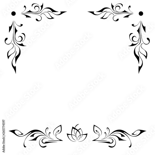 decorative frame with vignettes and abstract flower in black lines on white background