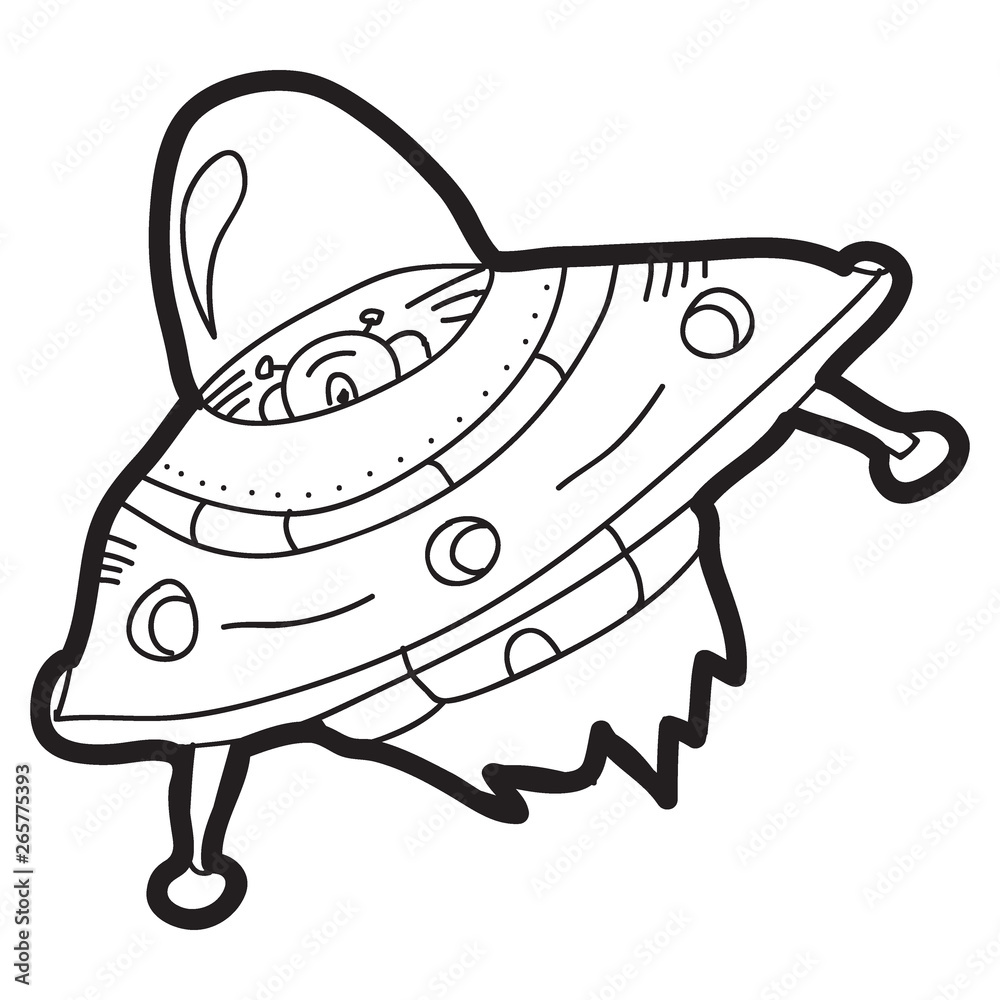 Cartoon doodle illustration of UFO flying saucer for coloring book, t-shirt  print design, greeting card Stock Vector | Adobe Stock