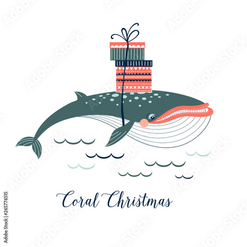 Fancy Christmas Whale transporting presents boxes on his back flat vector illustration. Big ocean creature celebrating winter holidays isolated clip-art. Underwater Xmas concept card in Scandinavian