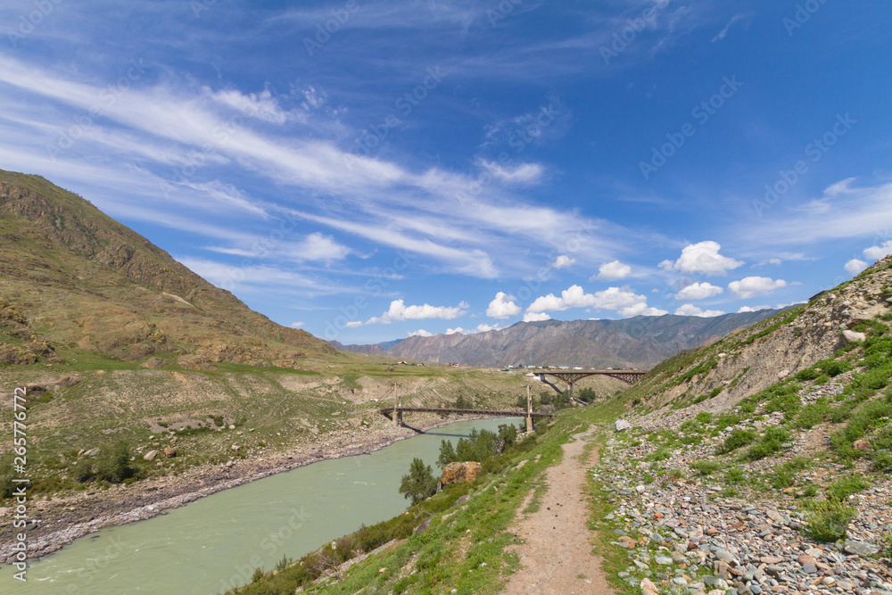 Quiet watercourse Katun river. Two bridge. Altai mountain summer sunny day.