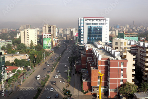 Addis Ababa, Ethiopia - 11 April 2019 : Busy street in the Ethiopian capital city of Addis Ababa.