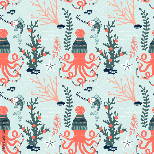Octopus in winter hat with decoration garland Fish with candy Seaweed Coral Starfish decorative Xmas repeatable print. Underwater Christmas seamless vector pattern. Seasonal holidays wrapping paper in