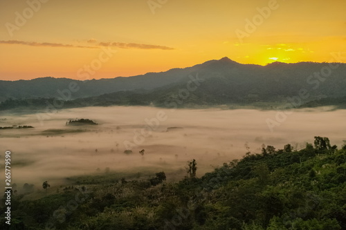 Mountain view morning sea of fog in valley around with forest and man hills with yellow sun light in the sky background, sunrise at Phu Langka Photo Corner View Point, Route 1148, Phayao, Thailand.
