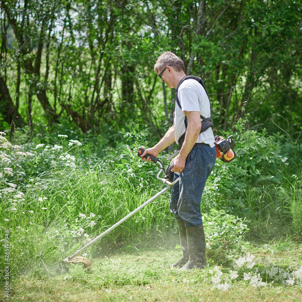 Obraz premium Country works on the personal plot using grass trimmer.