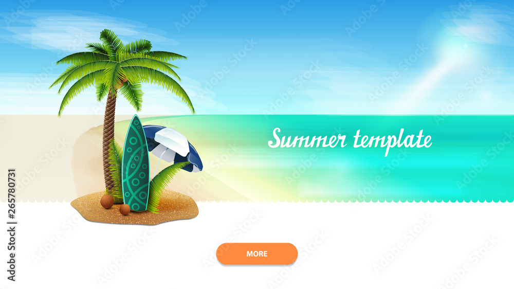 Fototapeta premium Summer template for your creativity with palm, coconuts, beach umbrella and surf Board