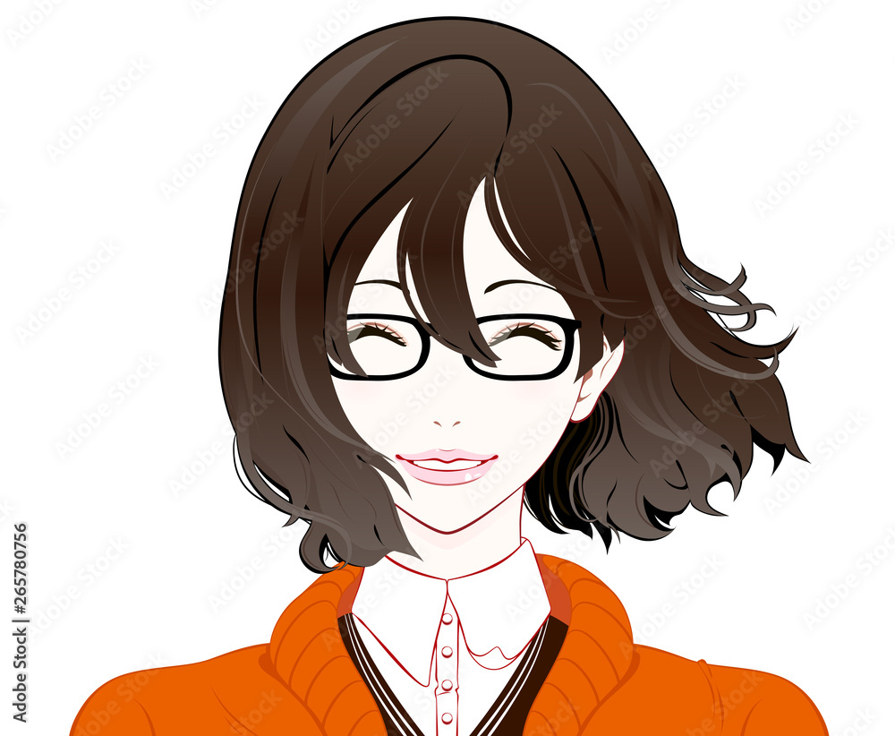メガネをかけた秋服の女性 笑顔 なびく髪 Stock Illustration Adobe Stock