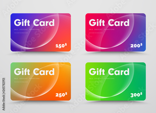 Modern design gift cards with mixed gradients and intersecting circles of lines.