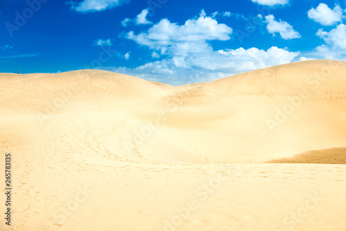 Desert with sand dunes and clouds on blue sky