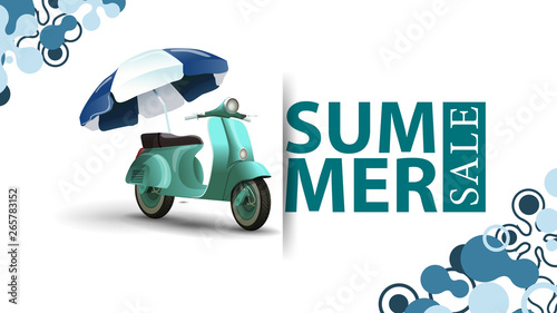 Summer sale, modern design of a discount banner for your site with scooter with a beach umbrella