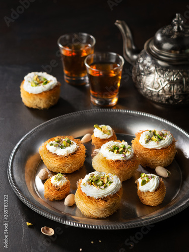 Kataifi Kadayif Kunafa Baklava Pastry Nests Cookies With Pistachios With Tea Cooking Sweets Turkish Or Arabic Traditional Ramadan Pastry Dessert On A Dark Background Stock Photo Adobe Stock
