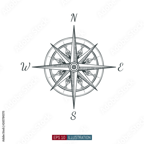 Hand drawn compass. Template for your design works. Engraved style vector illustration.