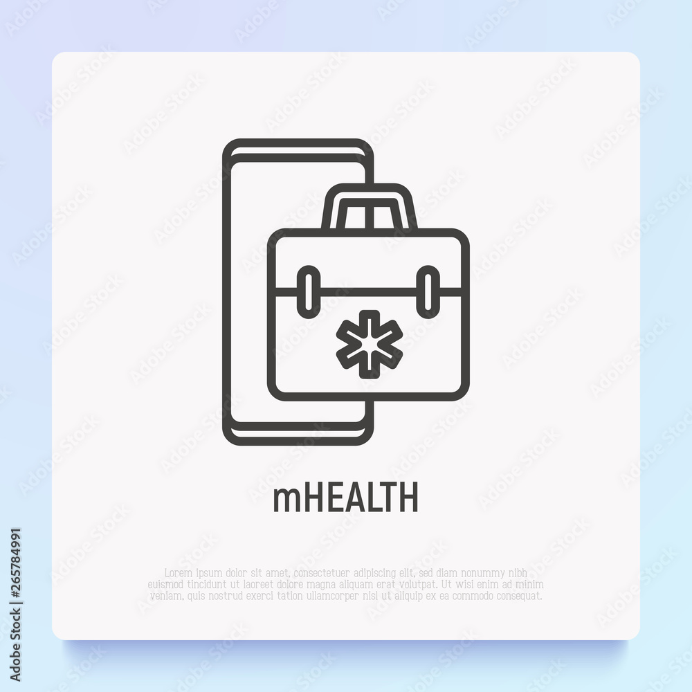 Telemedicine thin line icon: first-aid kit on screen of smartphone. Modern vector illustration of online medical consultant.