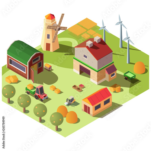Farm or ranch yard with various outbuildings, garden, field, old windmill, modern wind turbines and forklift loading harvest products in tractor trailer isometric vector isolated on white background