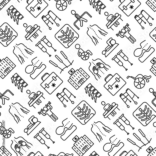 Physiotherapy seamless pattern with thin line icons: rehabilitation, physiotherapist, acupuncture, massage, go-carts, vertebrae; x-ray, trauma, crutches, wheelchair. Vector illustration.