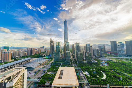 Tall buildings and traffic roads in downtown shenzhen