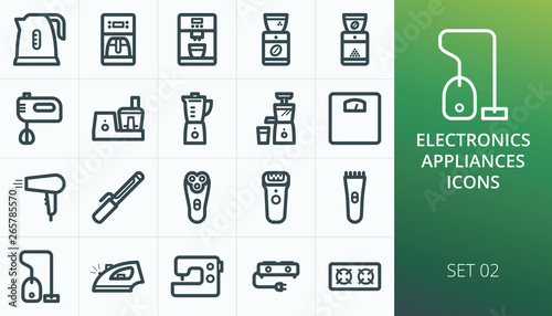 Kitchen appliances and household electronics icons set. Set of kettle, mixer, blender, juicer, scales, iron, vacuum cleaner, coffee machine, curling iron, food processor, electric razor icons