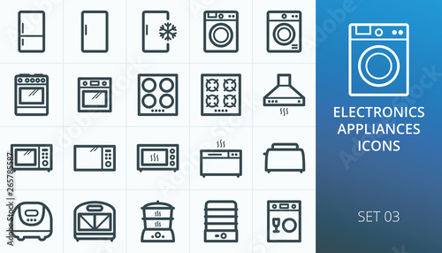 Household appliances and electronics icons set. Set of refrigerator, freezer, washing machine, cooker oven, electric hob, gas stove, microwave oven, bread maker, toaster, slow cooker icons
