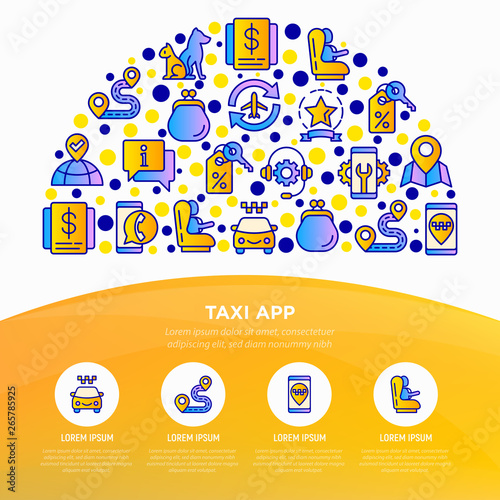Taxi app concept in half circle with thin line icons: payment method, promocode, app settings, info, support service, phone number, route, destination, airport transfer, baby seat. Vector illustration