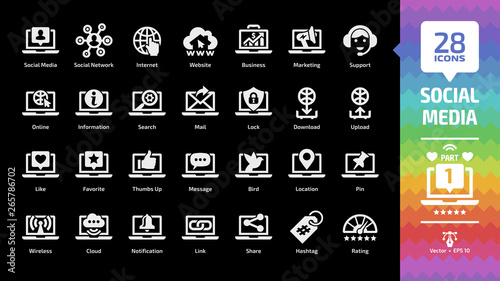 Social media network glyph icon set on a black background part 1 with global internet website, digital business and marketing technology, message, like and share silhouette symbols.