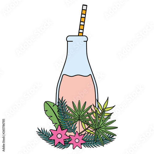 fresh juice fruit in botttle with straw in floral decoration