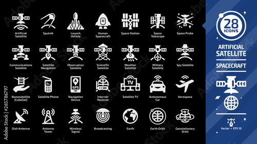 Fototapeta Naklejka Na Ścianę i Meble -  Satellite glyph icon set on a black background with communications, navigation, observation, scientific, weather, military and spy spacecraft, sputnik, launch vehicle, space station silhouette sign.