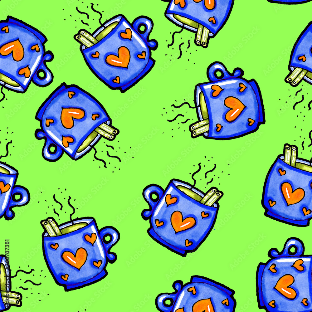 Christmas seamless pattern drawn by hand. Blue cup with hearts on a green background. Coffee, cocoa, cinnamon. New year. Christmas seamless pattern drawn by hand. Blue cup with hearts on a green background. Coffee, cocoa, cinnamon. New year.