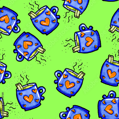 Christmas seamless pattern drawn by hand. Blue cup with hearts on a green background. Coffee, cocoa, cinnamon. New year.