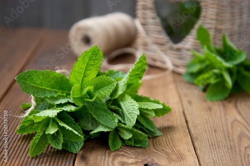 Close up mint leaves on wooden background. Summer drinks or dessert ingredient. Rustic style. Isolated mint
