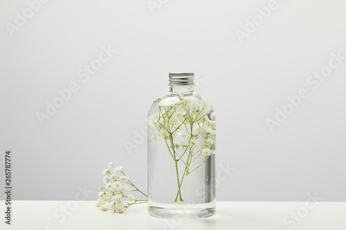 natural homemade beauty product with white wildflowers in transparent bottle on grey background