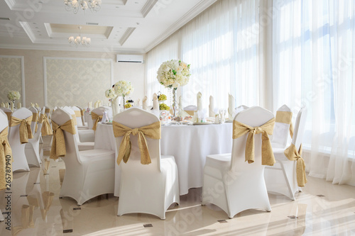 Banquet hall in classic style,  classic table in restaurant