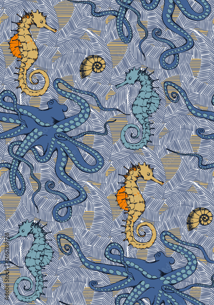 Pattern of seahorse and sea voyages. Vector illustration. Suitable for fabric, wrapping paper and the like