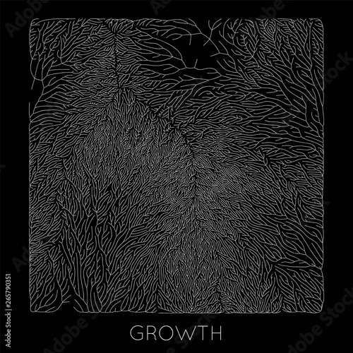 Vector generative branch growth pattern. Square texture. Lichen like organic structure with veins. Monocrome square biological net of vessels.