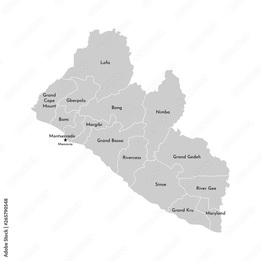 Vector isolated illustration of simplified . administrative map Liberia. Borders of the counties and names