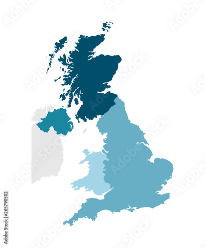 Vector isolated simplified illustration icon with blue silhouettes of United Kingdom of Great Britain and Northern Ireland's provinces