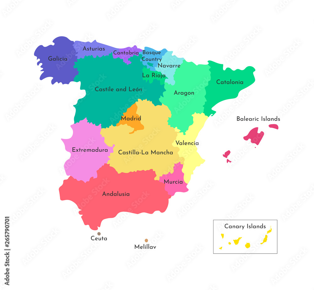 Vector isolated illustration of simplified administrative map of Spain. Borders of the counties and names.