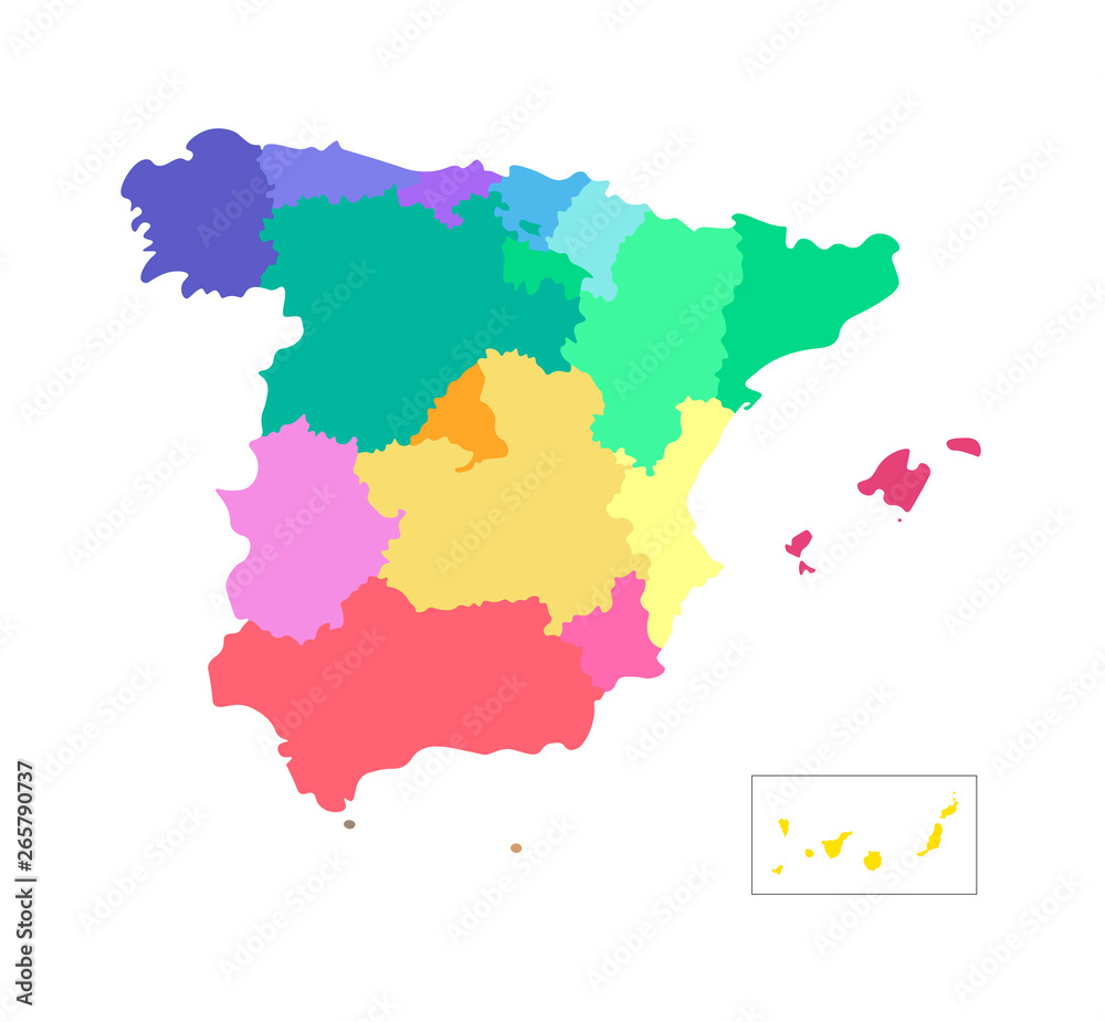 Vector isolated illustration of simplified administrative map of Spain. Borders of the counties. Colorful silhouettes.
