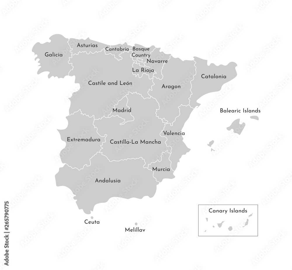 Vector isolated illustration of simplified administrative map of Spain. Borders and names of the counties.