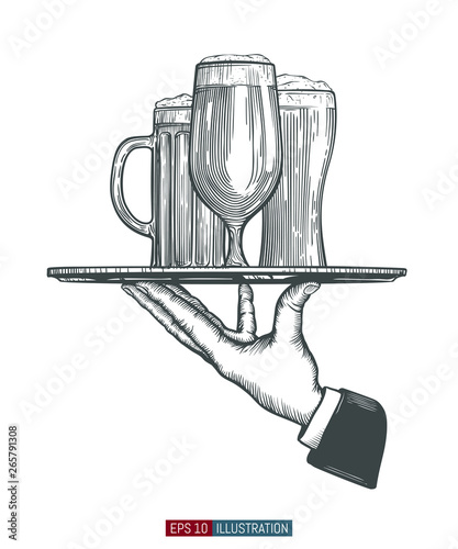 Waiter's hand hold tray with beer glass. Engraved style hand drawn vector illustration. Template for your design works.