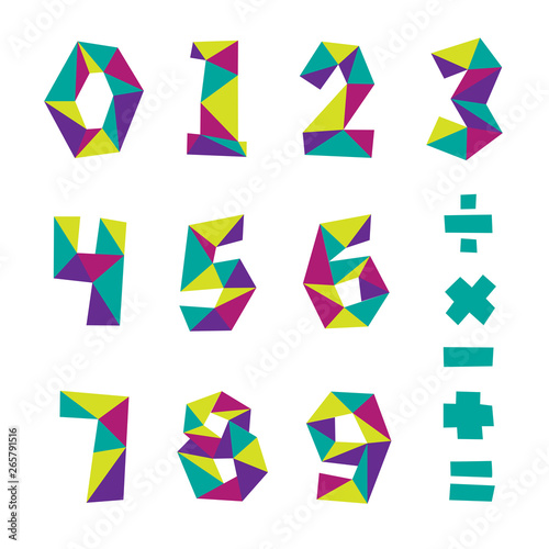 Vector set of numbers. Polygon number alphabet colorful font style.