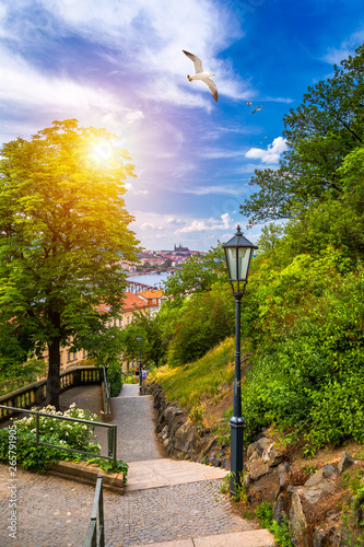 Photography View of Prague from Vysehrad with bridges over Vltava river, Prague castle in the background in the evening and a lantern in the foreground