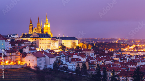 Prague Castle and Lesser Town panorama by night. View from Petrin Hill. Prague, Czech Republic. View of Prague Castle from Strahov monastery at night. Prague, Czech Republic © daliu