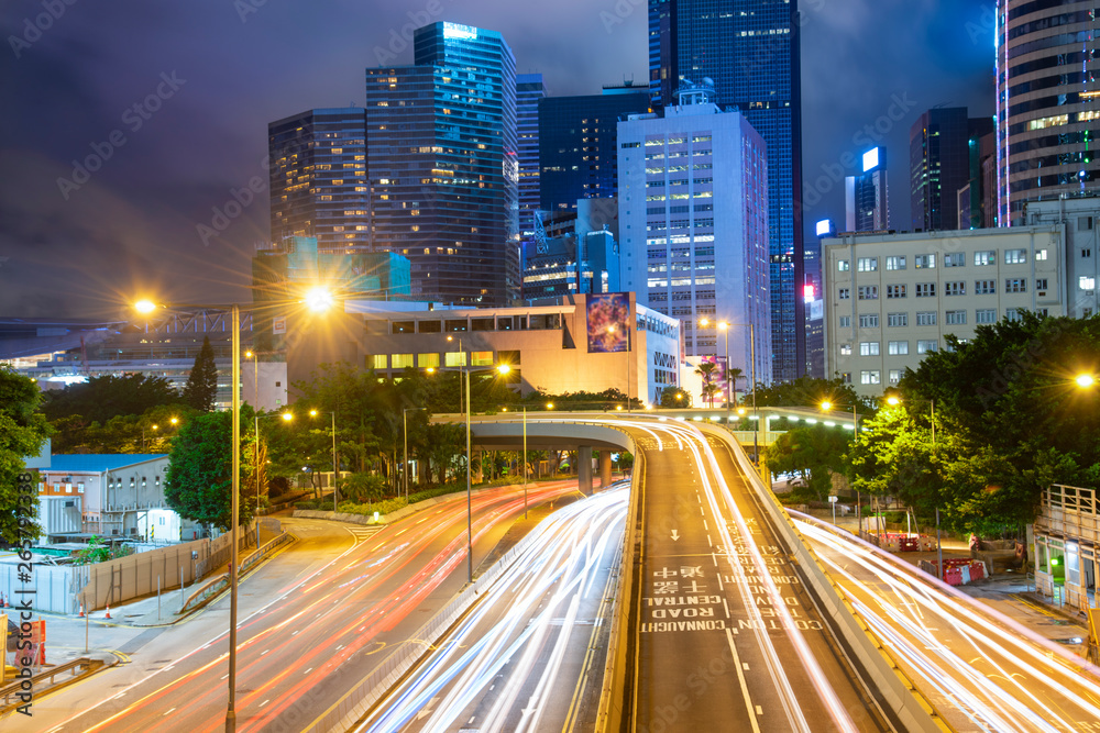 The night view of the city and the traffic in Hong Kong The night view of the city and the traffic in Hong Kong