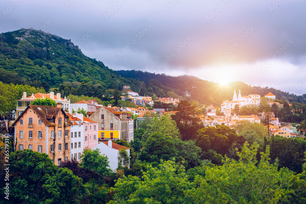 Fototapeta premium Portuguese city of Sintra, a UNESCO World Heritage Site. Sintra city near Lisbon with Sintra National Palace in the background. Sintra, Portugal.