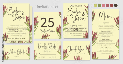 Set of vector wedding invitation, greeting card, save date. Frame of red, green leaves of leucadendron, protea, designer art tropical elements. Watercolor, rustic style, banners