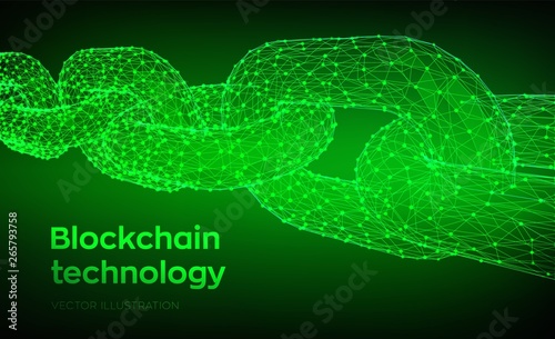 Block chain. Crypto currency. Blockchain concept. 3D Low polygonal chain consists of network connections. Concept of digital code. Editable cryptocurrency template. Vector illustration.