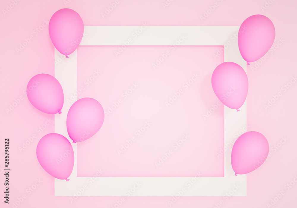 Photo frame and pink pastel balloon background, happy birthday banner, congratulation, girly wish list concept, 3d illustration